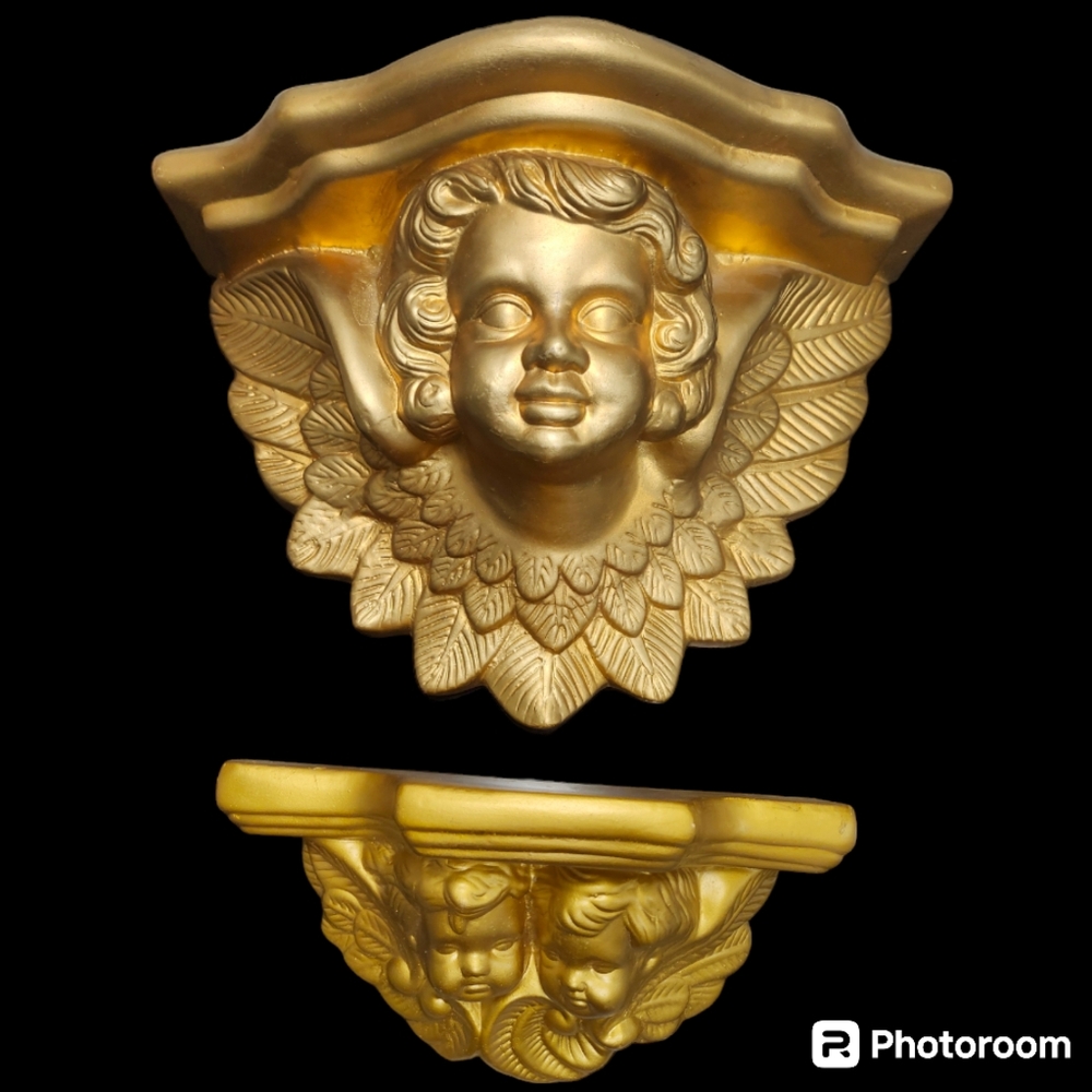 Vintage MCM Hollywood Regency Cherub Angel Wall Shelf Scone Corbel Plaster Gold